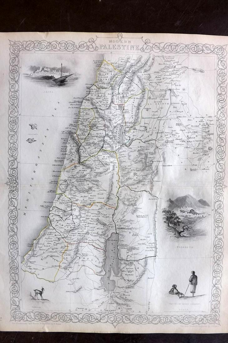 Tallis, John (Pub) 1852 Map. Modern Palestine: Steel Engraved Map with Original Outline Hand Color Published 1852-56 by John Tallis, London for "The Universal Pronouncing Dictionary" by Thomas Wright. Drawn & Engraved by John Rapkin. Centre fold a