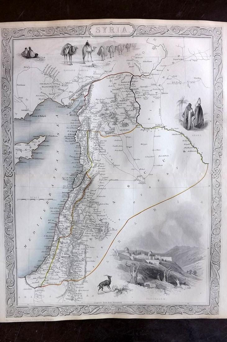 Tallis, John (Pub) 1852 Map. Syria: Steel Engraved Map with Original Outline Hand Color Published 1852-56 by John Tallis, London for "The Universal Pronouncing Dictionary" by Thomas Wright. Drawn & Engraved by John Rapkin. Centre fold a