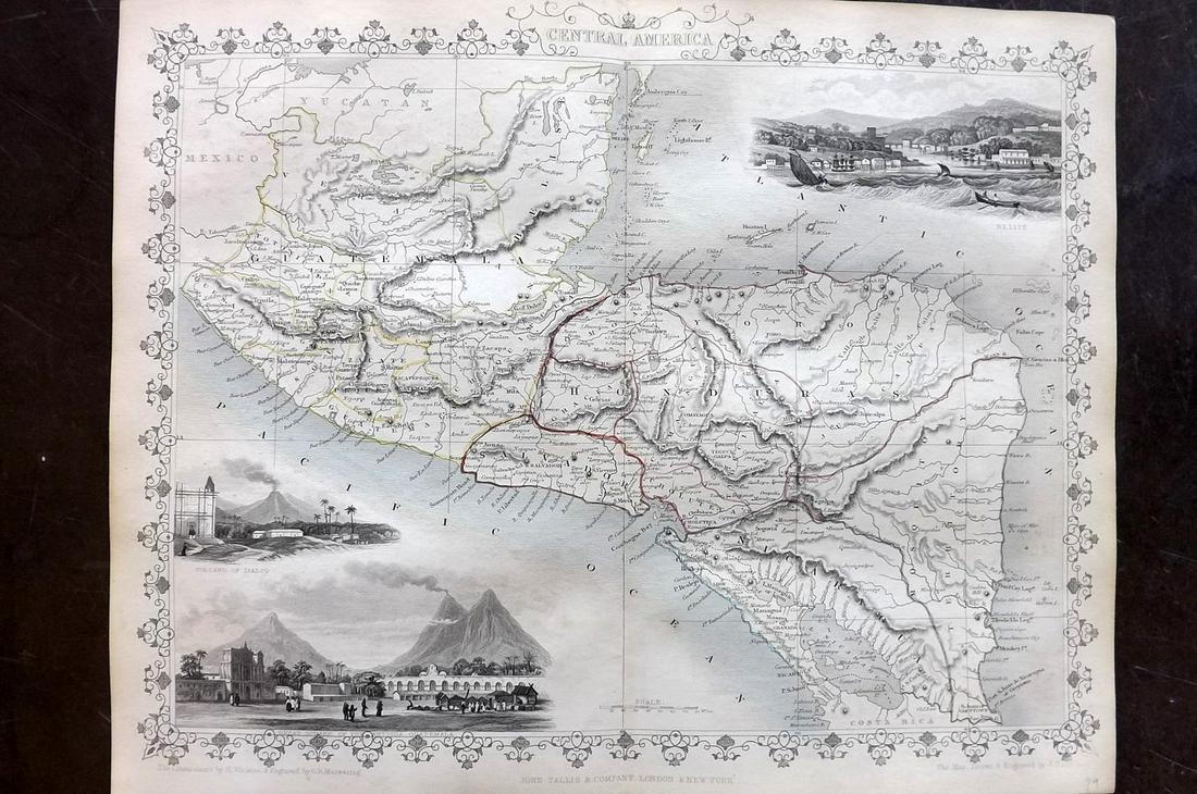 Tallis, John (Pub) 1852 Map. Central America: Steel Engraved Map with Original Outline Hand Color Published 1852-56 by John Tallis, London for "The Universal Pronouncing Dictionary" by Thomas Wright. Drawn & Engraved by John Rapkin. Centre fold a