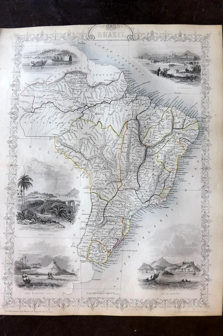 Tallis, John (Pub) 1852 Map. Brazil: Steel Engraved Map with Original Outline Hand Color Published 1852-56 by John Tallis, London for "The Universal Pronouncing Dictionary" by Thomas Wright. Drawn & Engraved by John Rapkin. Centre fold a