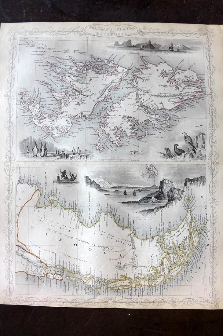 Tallis, John (Pub) 1852 Map Falkland Islands, Patagonia: Steel Engraved Map with Original Outline Hand Color Published 1852-56 by John Tallis, London for "The Universal Pronouncing Dictionary" by Thomas Wright. Drawn & Engraved by John Rapkin. Centre fold a