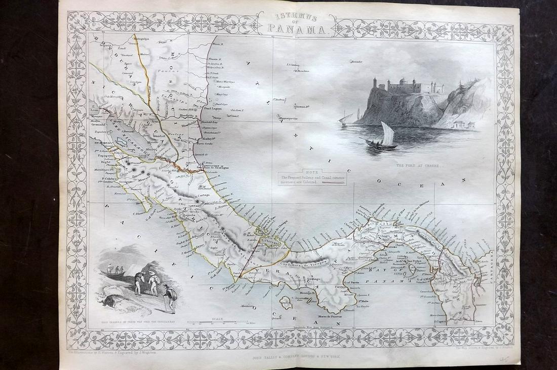 Tallis, John (Pub) 1852 Map. Isthmus of Panama: Steel Engraved Map with Original Outline Hand Color Published 1852-56 by John Tallis, London for "The Universal Pronouncing Dictionary" by Thomas Wright. Drawn & Engraved by John Rapkin. Centre fold a