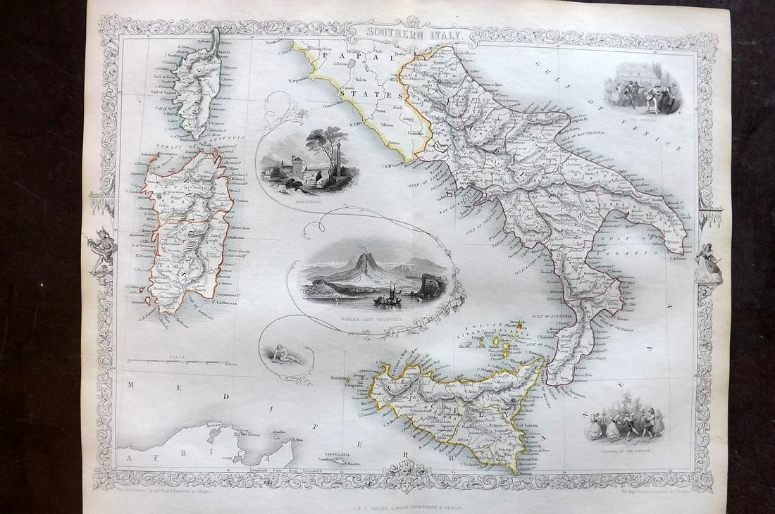 Tallis, John (Pub) 1852 Map. Southern Italy: Steel Engraved Map with Original Outline Hand Color Published 1852-56 by John Tallis, London for "The Universal Pronouncing Dictionary" by Thomas Wright. Drawn & Engraved by John Rapkin. Centre fold a