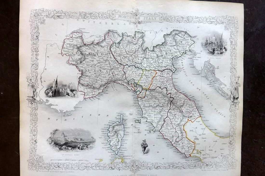 Tallis, John (Pub) 1852 Map. Northern Italy: Steel Engraved Map with Original Outline Hand Color Published 1852-56 by John Tallis, London for "The Universal Pronouncing Dictionary" by Thomas Wright. Drawn & Engraved by John Rapkin. Centre fold a
