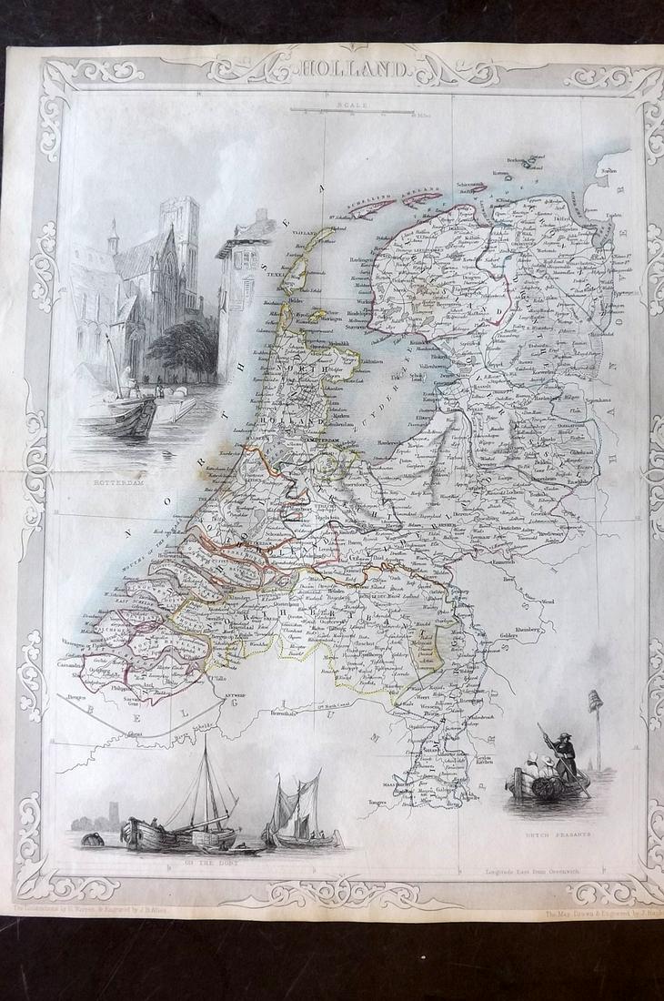 Tallis, John (Pub) 1852 Map. Holland. Netherlands: Steel Engraved Map with Original Outline Hand Color Published 1852-56 by John Tallis, London for "The Universal Pronouncing Dictionary" by Thomas Wright. Drawn & Engraved by John Rapkin. Centre fold a