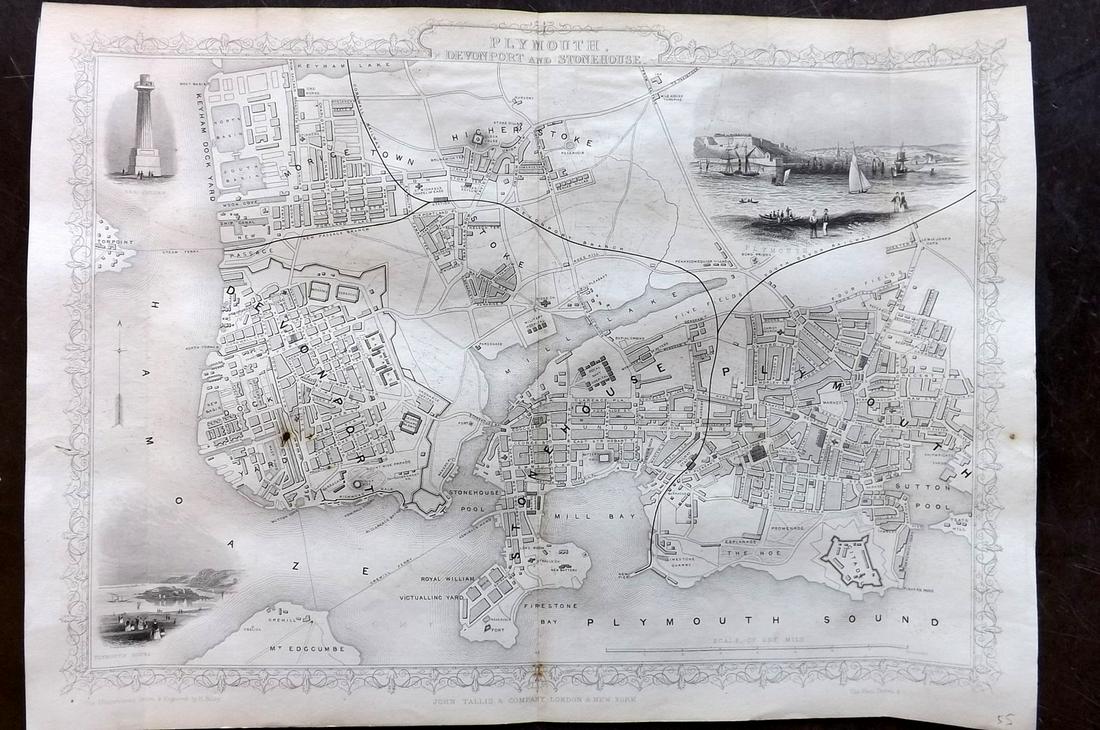 Tallis, John (Pub) 1852 Map. Plymouth, Devenport: Steel Engraved Map with Original Outline Hand Color Published 1852-56 by John Tallis, London for "The Universal Pronouncing Dictionary" by Thomas Wright. Drawn & Engraved by John Rapkin. Centre fold a