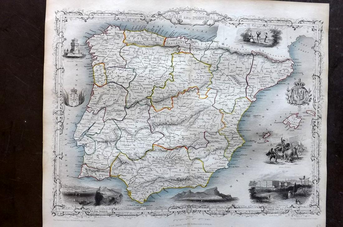 Tallis, John (Pub) 1852 Map. Spain and Portugal: Steel Engraved Map with Original Outline Hand Color Published 1852-56 by John Tallis, London for "The Universal Pronouncing Dictionary" by Thomas Wright. Drawn & Engraved by John Rapkin. Centre fold a