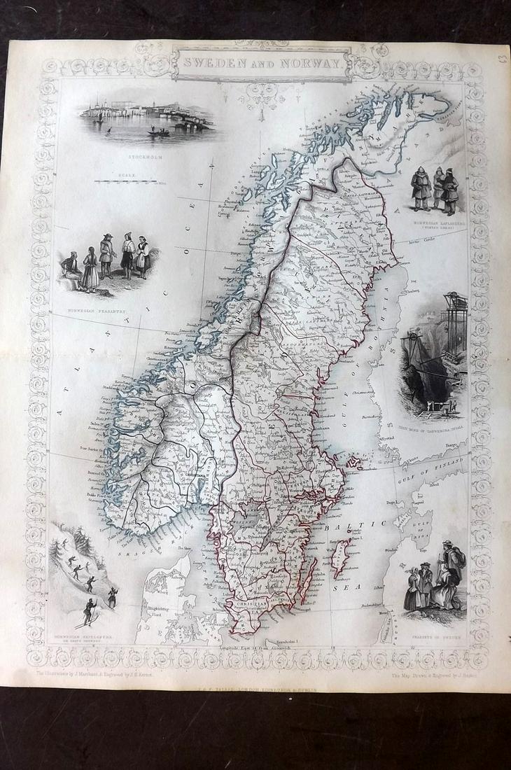 Tallis, John (Pub) 1852 Map. Sweden and Norway: Steel Engraved Map with Original Outline Hand Color Published 1852-56 by John Tallis, London for "The Universal Pronouncing Dictionary" by Thomas Wright. Drawn & Engraved by John Rapkin. Centre fold a