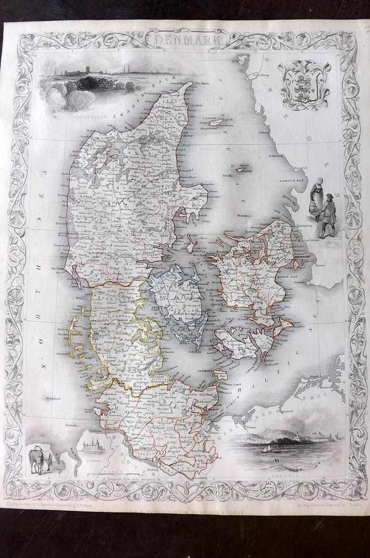 Tallis, John (Pub) 1852 Map. Denmark: Steel Engraved Map with Original Outline Hand Color Published 1852-56 by John Tallis, London for "The Universal Pronouncing Dictionary" by Thomas Wright. Drawn & Engraved by John Rapkin. Centre fold a