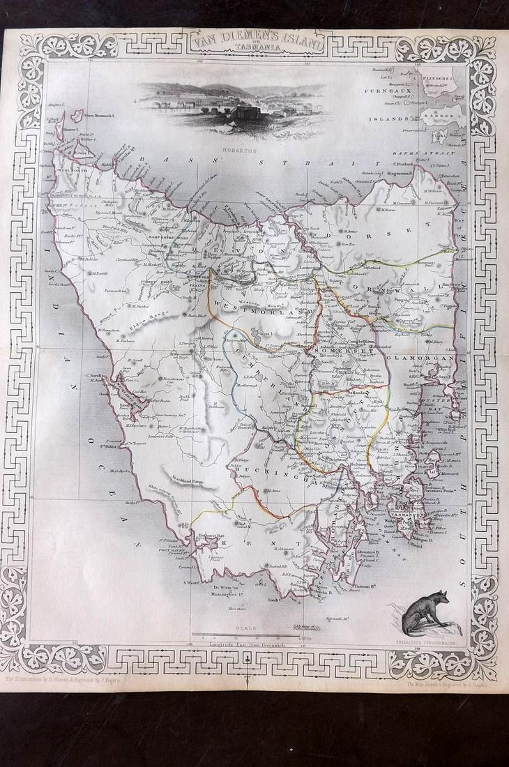 Tallis, John (Pub) 1852 Map. Van Diemens. Tasmania: Steel Engraved Map with Original Outline Hand Color Published 1852-56 by John Tallis, London for "The Universal Pronouncing Dictionary" by Thomas Wright. Drawn & Engraved by John Rapkin. Centre fold a