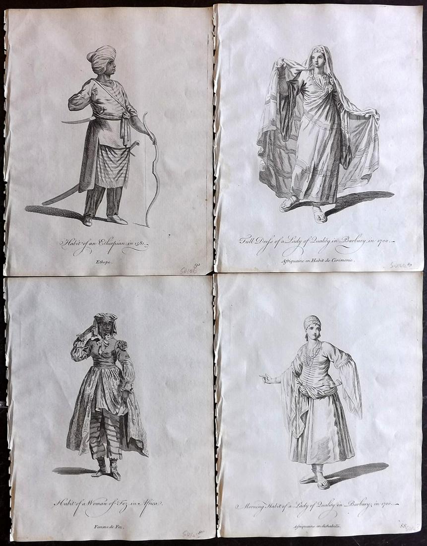 Jefferys, Thomas C1760 Lot of 4 Prints. North Africa: Copper Plates Published 1757-72, London for "Collection of the Dresses of Different Nations, Antient and Modern" by Thomas Jefferys. Illustrated after Holbein, Van Dyck, Hollar and others. Paper Size: