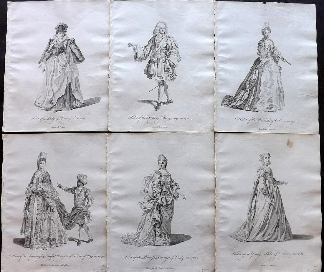 Jefferys, Thomas C1760 Lot of 6 Prints. France: Copper Plates Published 1757-72, London for "Collection of the Dresses of Different Nations, Antient and Modern" by Thomas Jefferys. Illustrated after Holbein, Van Dyck, Hollar and others. Paper Size:
