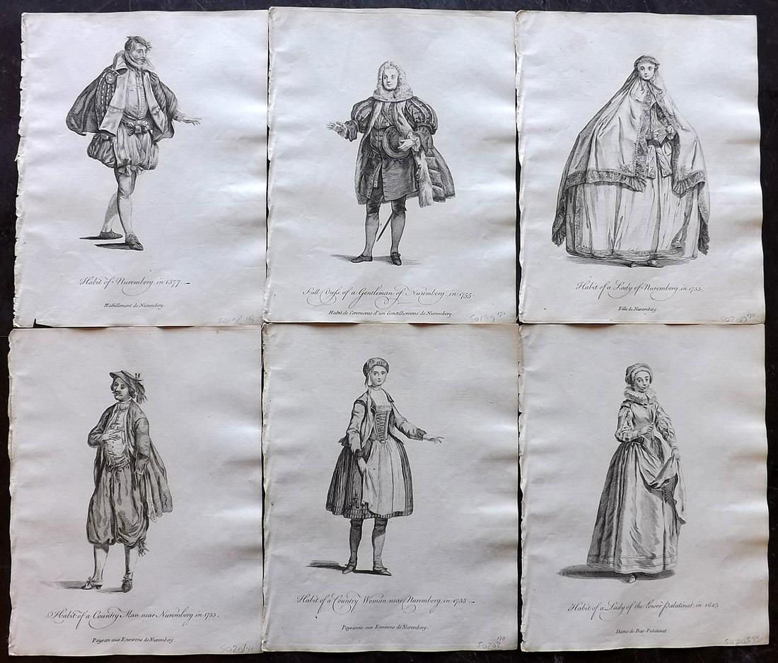 Jefferys, Thomas C1760 Lot of 6 Prints. Germany: Copper Plates Published 1757-72, London for "Collection of the Dresses of Different Nations, Antient and Modern" by Thomas Jefferys. Illustrated after Holbein, Van Dyck, Hollar and others. Paper Size: