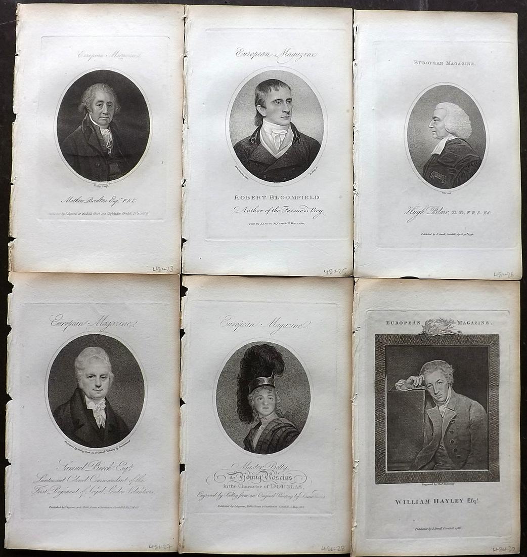 European Magazine C1800 Lot of 6 Copper Plate Portraits: Copper Plate Published 1782-1826 London for the "European Magazine, and London Review" by Various. Folds as issued. Paper Size: 8 x 5 inch (21 x 14cm) Good Condition