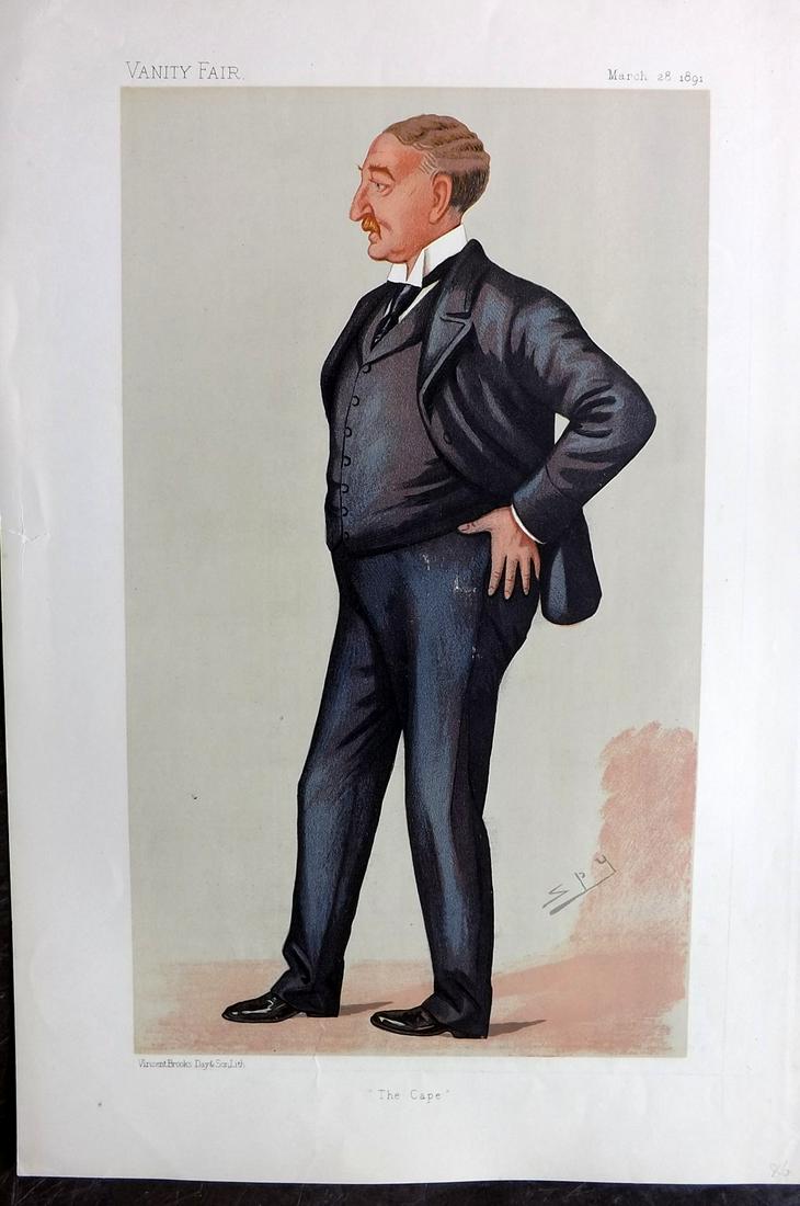 Vanity Fair Print 1891 Cecil Rhodes, Spy Cartoon: Chromolithograph Published 1869-1914, London for "Vanity Fair" Paper Size: 15 x 10 inch (38 x 25cm) Small closed left margin tear. Good Condition