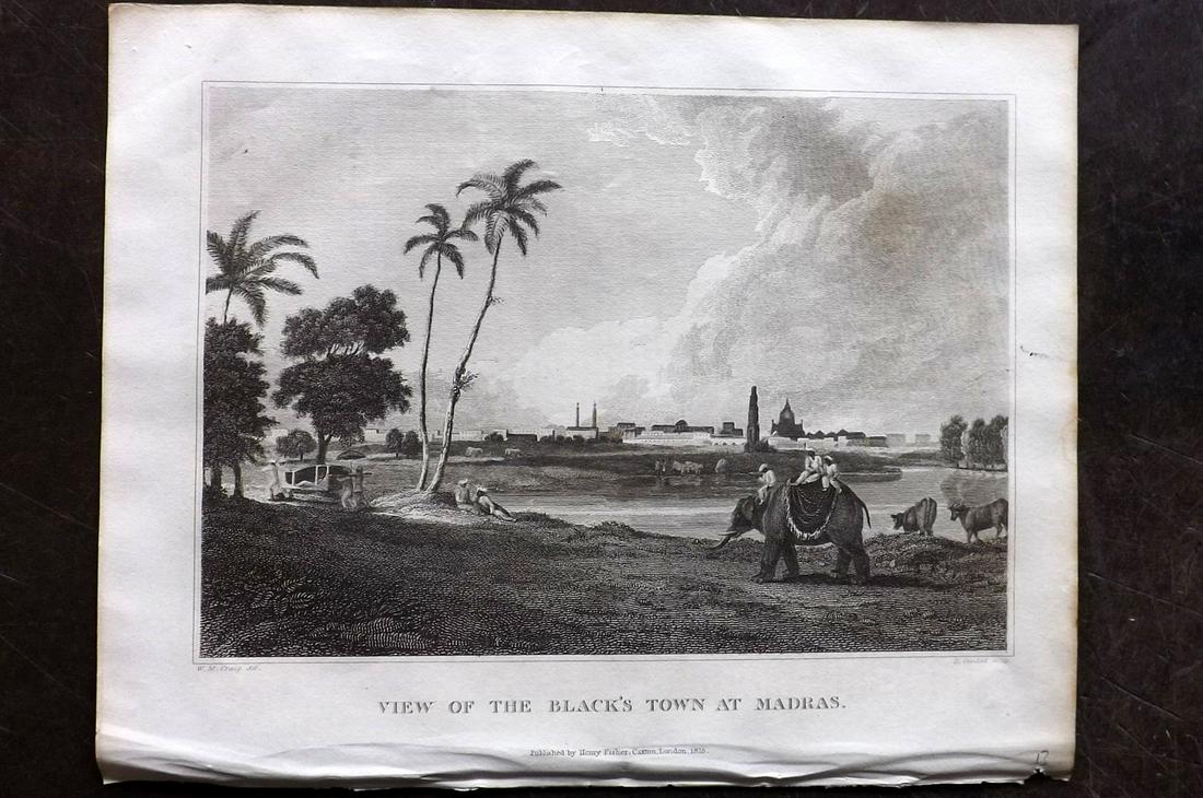 Clarke, J. W. 1825 Print. Black's Town at Madras, India (1 of 2)