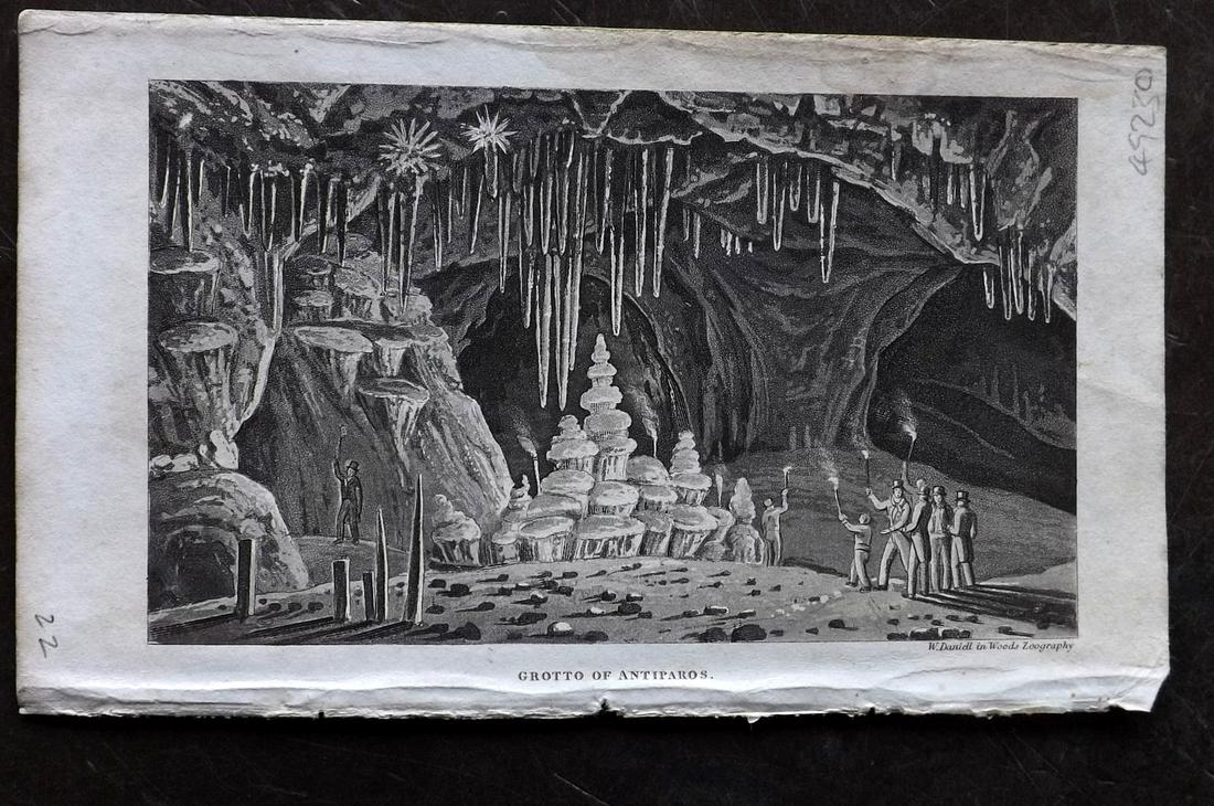Shaw, Simeon 1823 Print. Grotto of Antiparos, Greece: Aquatint Published 1823, London for "Nature Displayed in the Heavens, and on the Earth" by Simeon Shaw. Paper Size: 8 x 4.5 inch (20 x 12cm) Very minor margin toning, good condition