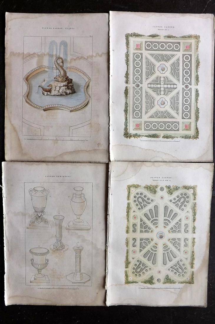 Paxton, Joseph 1834 Lot of 4 HCol Garden Plans etc: Two Hand Colored Garden Plans, One Hand Colored Fountain and One Black and White Etching of Garden Ornaments. Published 1834-49, London for "Paxton's Magazine of Botany" by Joseph Paxton. Paper Size: 