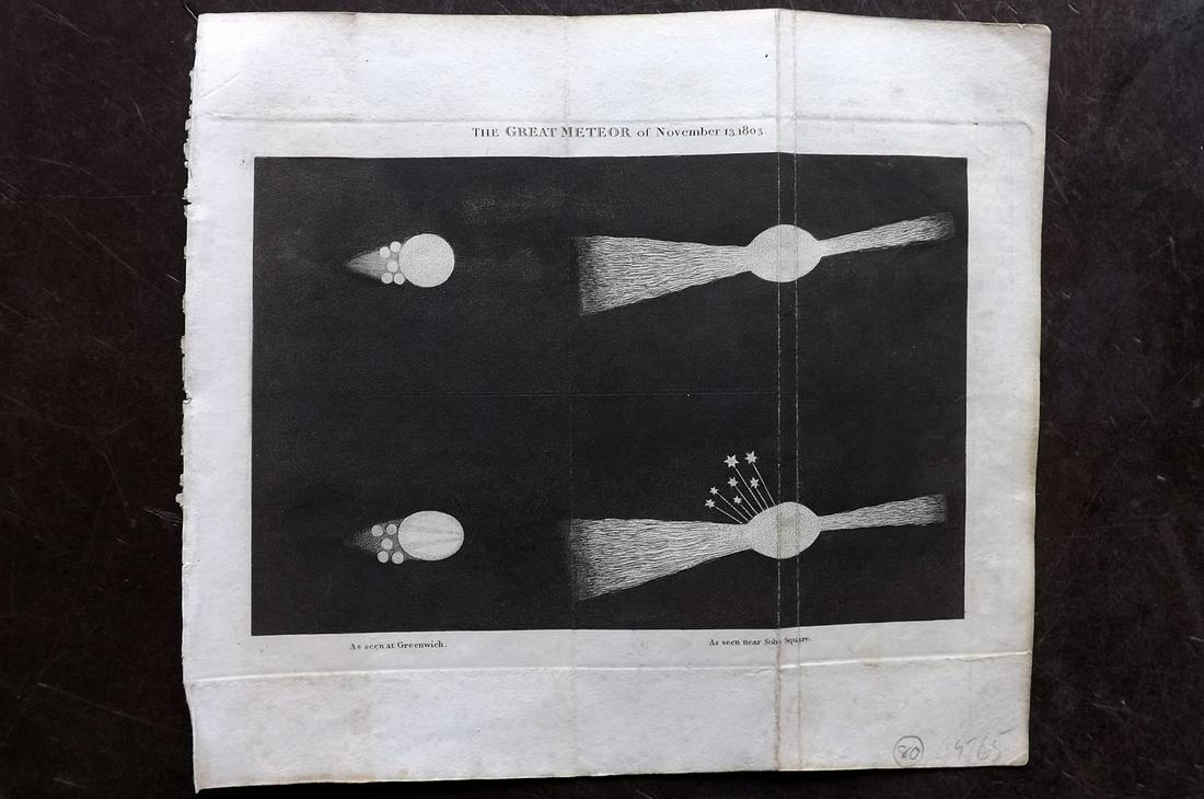 Shaw, Simeon 1823 Astronomy Print. Great Meteor of 1803: Copper Plates Published 1823, London for "Nature Displayed in the Heavens, and on the Earth" by Simeon Shaw. Paper Size: 9 x 8 inch (23 x 20cm) Minor margin toning, otherwise good condition
