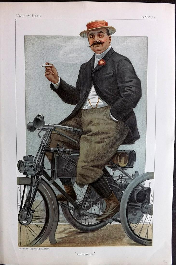 Vanity Fair Print 1899 Comte De Dion, Automobile: Chromolithograph Published 1869-1914, London for "Vanity Fair" Paper Size: 15 x 10 inch (38 x 25cm) Good Condition