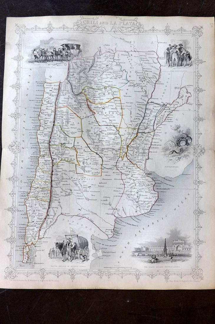 Tallis, John (Pub) 1852 Map. Chili and La Plata. Chile: Steel Engraved Map with Original Outline Hand Color Published 1852-56 by John Tallis, London for "The Universal Pronouncing Dictionary" by Thomas Wright. Drawn & Engraved by John Rapkin. Centre fold a