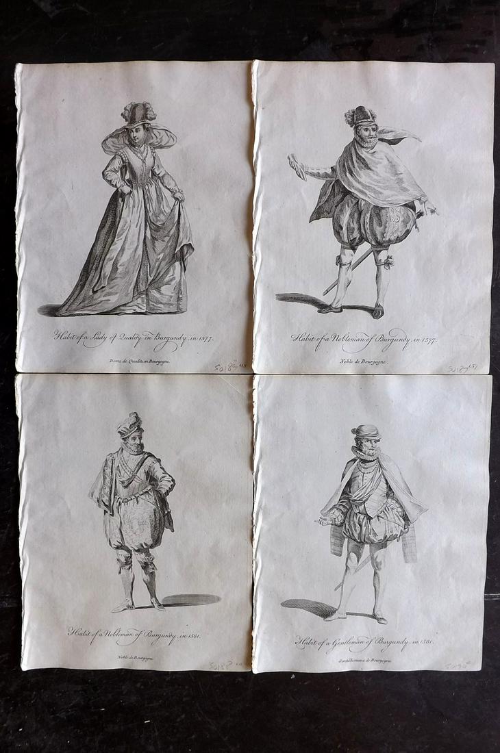 Jefferys, Thomas C1760 Lot of 4 Prints. Burgundy France: Copper Plates Published 1757-72, London for "Collection of the Dresses of Different Nations, Antient and Modern" by Thomas Jefferys. Illustrated after Holbein, Van Dyck, Hollar and others. Paper Size: