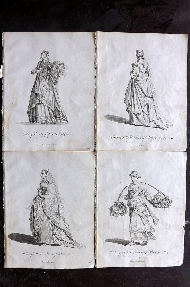 Jefferys, Thomas C1760 Lot of 4 Prints. Italy: Copper Plates Published 1757-72, London for "Collection of the Dresses of Different Nations, Antient and Modern" by Thomas Jefferys. Illustrated after Holbein, Van Dyck, Hollar and others. Paper Size: