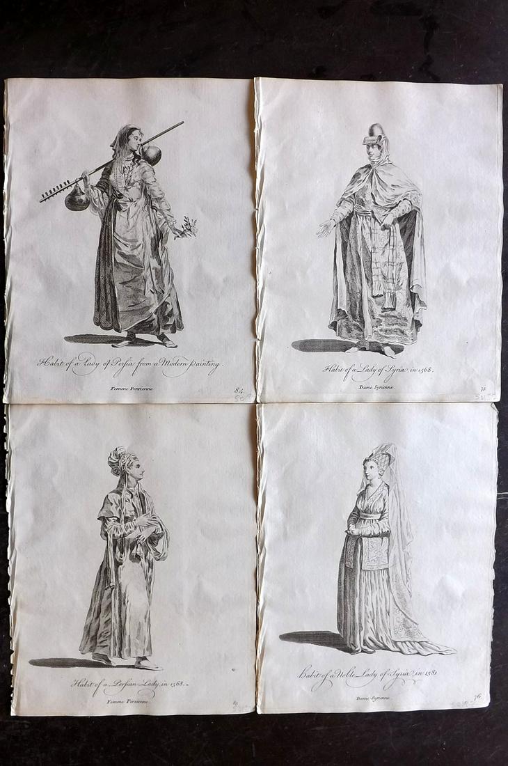 Jefferys, Thomas C1760 Lot of 4 Prints. Syria & Persia: Copper Plates Published 1757-72, London for "Collection of the Dresses of Different Nations, Antient and Modern" by Thomas Jefferys. Illustrated after Holbein, Van Dyck, Hollar and others. Paper Size: