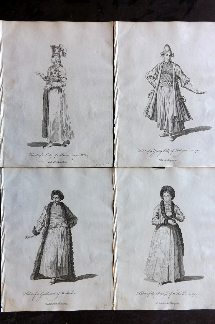 Jefferys, Thomas C1760 Lot of 4 Prints. Balkans: Incl Romania, Bulgaria and Macedonia. Copper Plates Published 1757-72, London for "Collection of the Dresses of Different Nations, Antient and Modern" by Thomas Jefferys. Illustrated after Holbein, Va