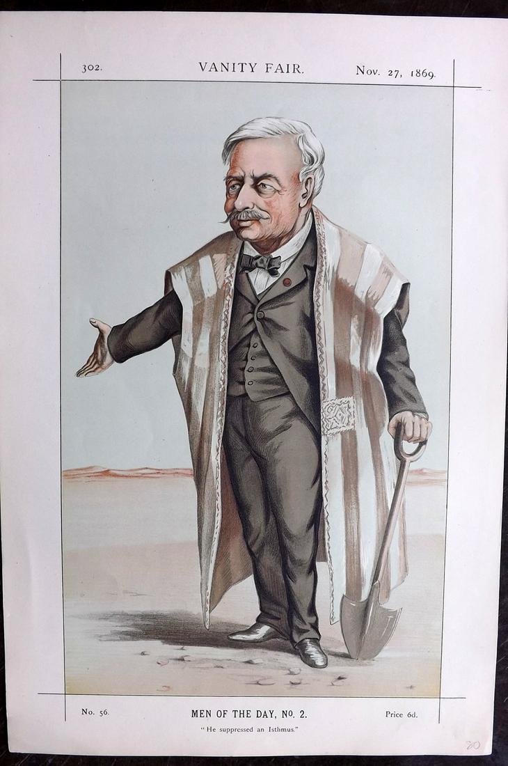 Vanity Fair Print 1869 Ferdinand de Lesseps, Suez Canal: Chromolithograph Published 1869-1914, London for "Vanity Fair" Paper Size: 15 x 10 inch (38 x 25cm) Good Condition