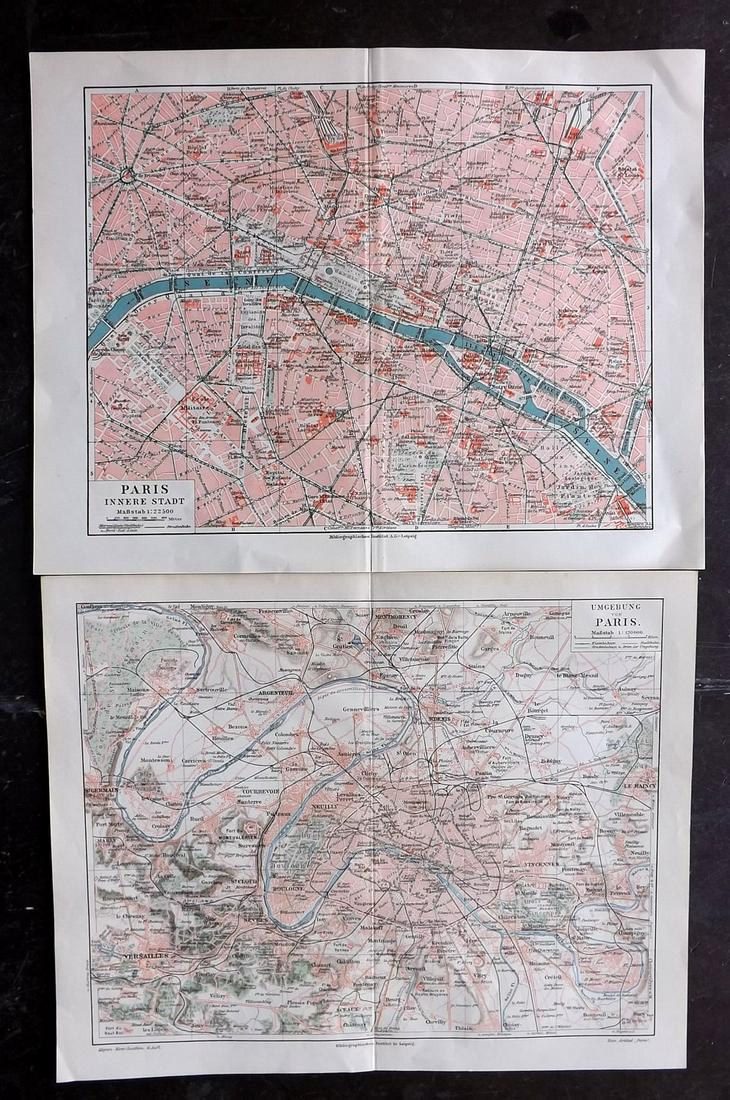 Meyer, Joseph 1890's Pair of Maps of Paris, France: Lithograph Maps Published 1893-97, Leipzig for "Meyers Konversations-Lexikon" by Joseph Meyer et al. Centre fold as published. Paper Size: 12 x 9.5 inch (31 x 25cm) Good Condition