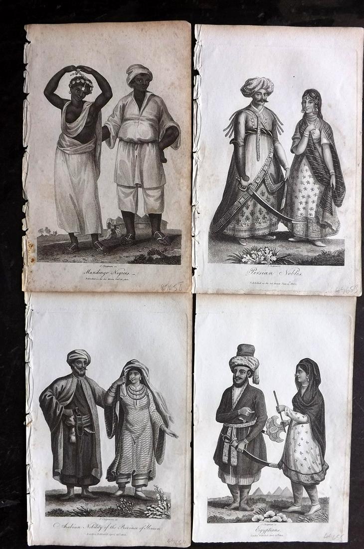 Linnaeus & Sibly C1800 Lot of 4 Prints. Arabia Persia: Incl Persian Nobles, Yemen, Egyptians and Mandingo Negroes. Copper Plate Published 1794-1810, London for "A Genuine and Universal System of Natural History" by Carl Linnaeus and Ebenezer Sibly. Illust