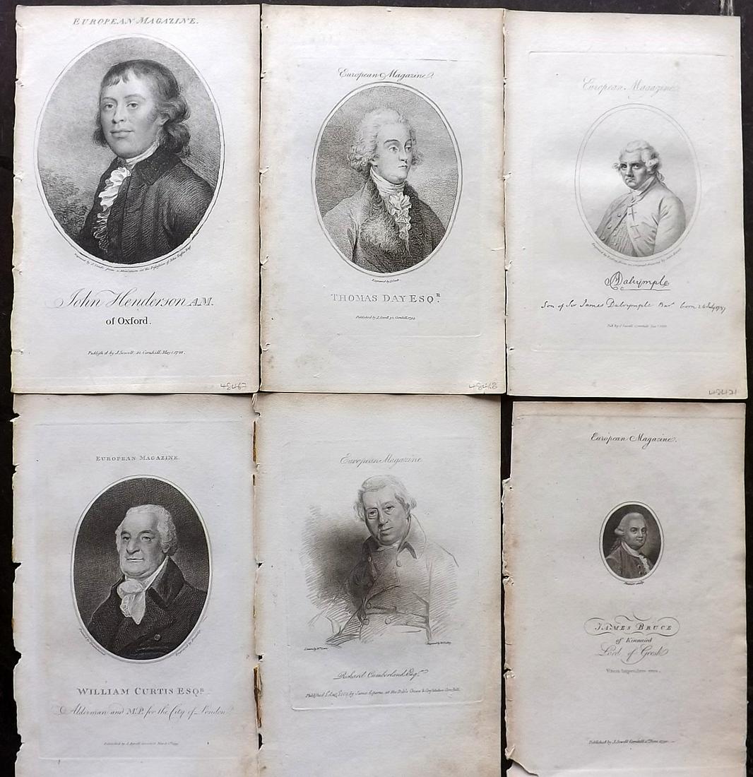 European Magazine C1800 Lot of 6 Copper Plate Portraits: Copper Plate Published 1782-1826 London for the "European Magazine, and London Review" by Various. Folds as issued. Paper Size: 8 x 5 inch (21 x 14cm) Good Condition