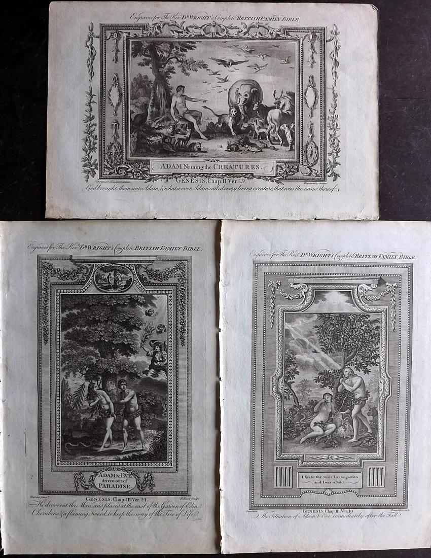 Wright, Paul 1782 Lot of 3 Religious Prints. Adam & Eve (1 of 2)