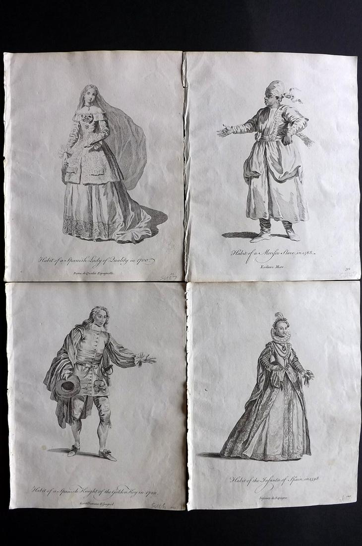 Jefferys, Thomas C1760 Lot of 4 Prints. Spain: Copper Plates Published 1757-72, London for "Collection of the Dresses of Different Nations, Antient and Modern" by Thomas Jefferys. Illustrated after Holbein, Van Dyck, Hollar and others. Paper Size: