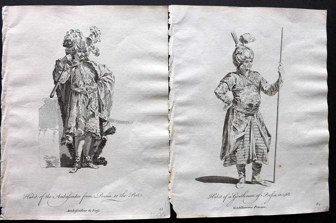 Jefferys, Thomas C1760 Pair of Prints. Persia: Copper Plates Published 1757-72, London for "Collection of the Dresses of Different Nations, Antient and Modern" by Thomas Jefferys. Illustrated after Holbein, Van Dyck, Hollar and others. Paper Size: