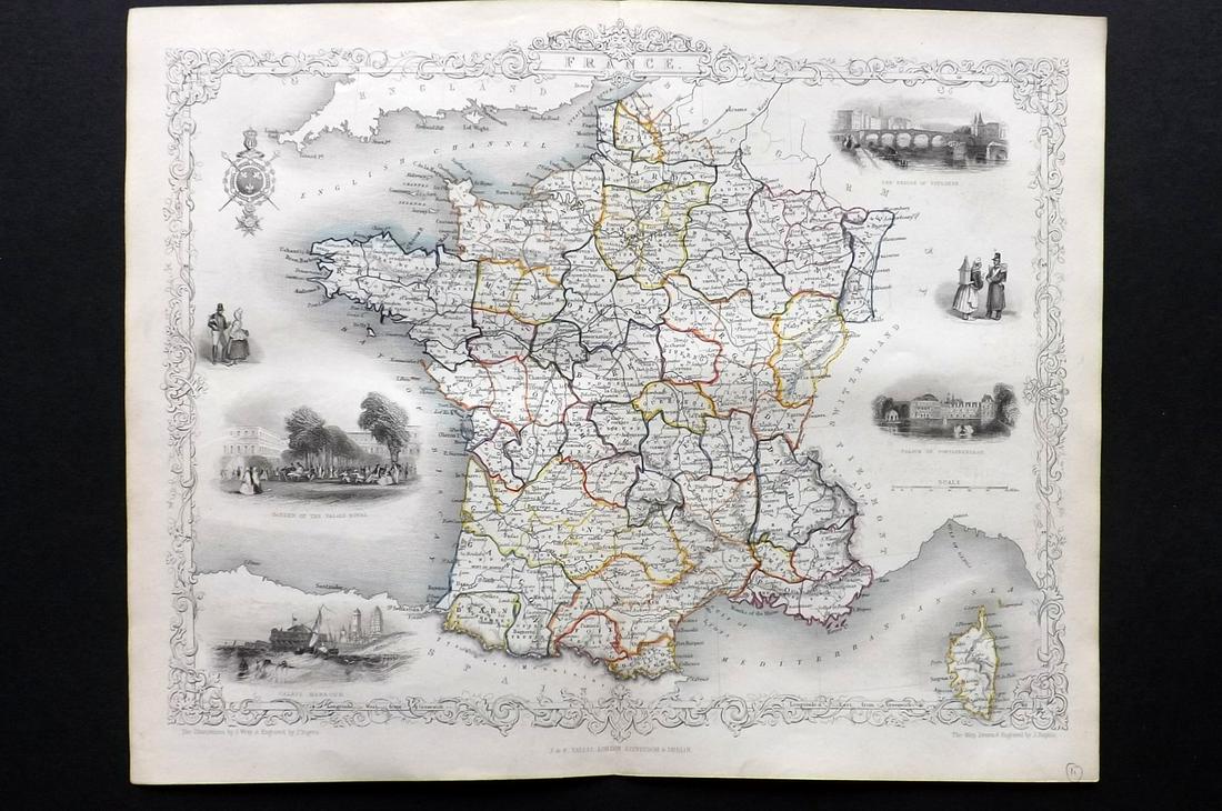Tallis, John (Pub) 1852 Map. France: Steel Engraved Map with Original Outline Hand Color Published 1852-56 by John Tallis, London for "The Universal Pronouncing Dictionary" by Thomas Wright. Drawn & Engraved by John Rapkin. Centre fold a