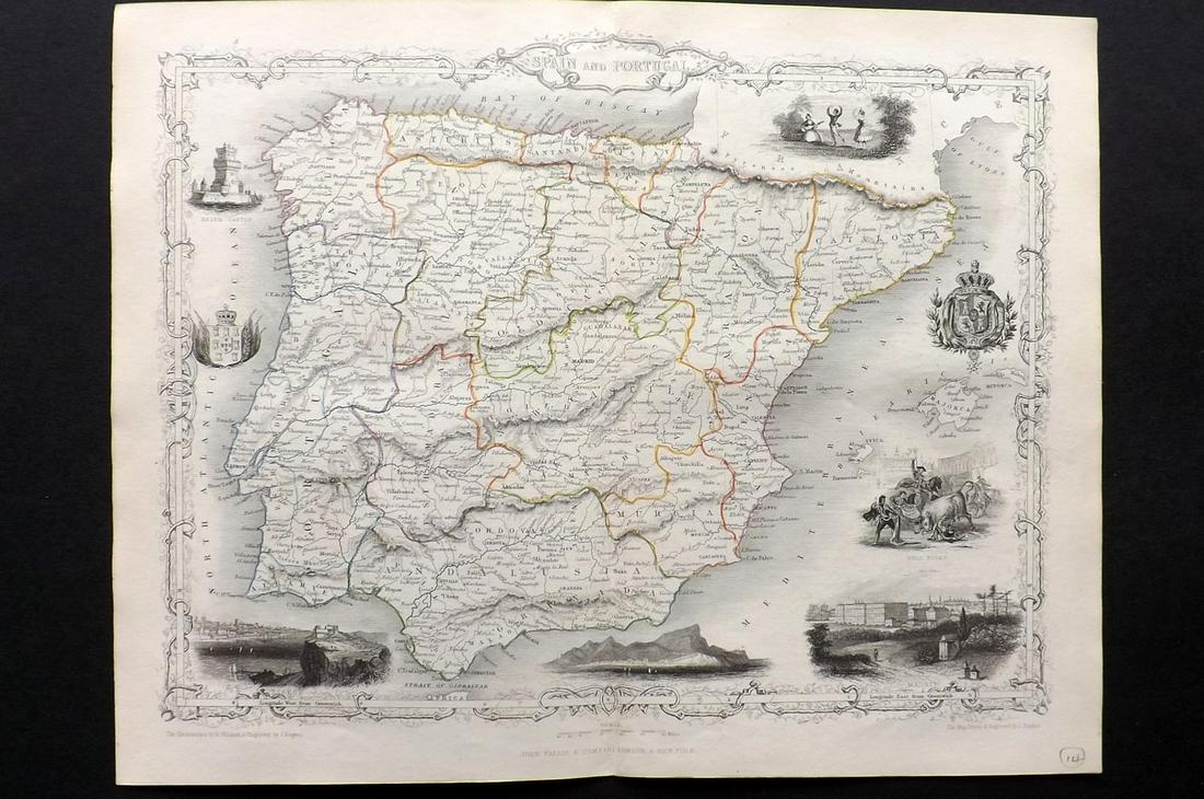 Tallis, John (Pub) 1852 Map. Spain and Portugal: Steel Engraved Map with Original Outline Hand Color Published 1852-56 by John Tallis, London for "The Universal Pronouncing Dictionary" by Thomas Wright. Drawn & Engraved by John Rapkin. Centre fold a
