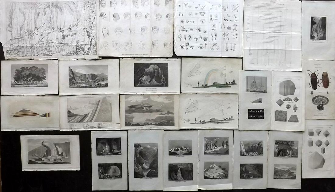 Shaw, Simeon 1823 Mixed Lot of 24 Prints: Incl Science, Natural History, Botanical, Views, etc. Aquatints, Copper Plates and Wood Engravings Published 1823, London for "Nature Displayed in the Heavens, and on the Earth" by Simeon Shaw. Paper 