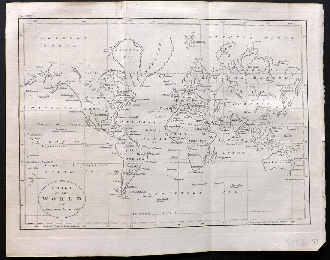 Guthrie, William 1806 Map World on Mercators Projection: Copper Engraved Map Published 1806, London for "A New Geographical, Historical and Commercial Grammar..." by William Guthrie. The maps are by John Senex, Thomas Kitchin and others. Folds as issued. Pa