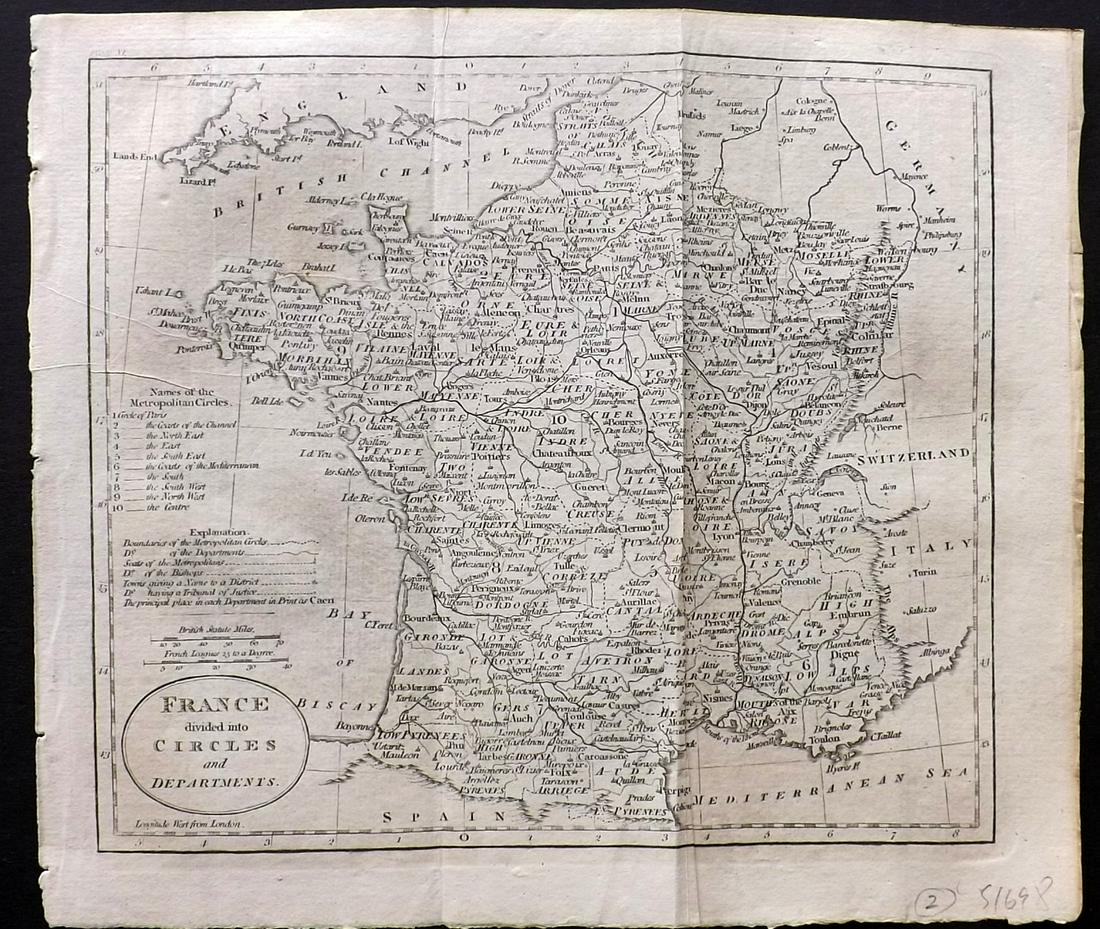 Guthrie, William 1806 Map. France divided into Circles: Copper Engraved Map Published 1806, London for "A New Geographical, Historical and Commercial Grammar..." by William Guthrie. The maps are by John Senex, Thomas Kitchin and others. Folds as issued. Pa