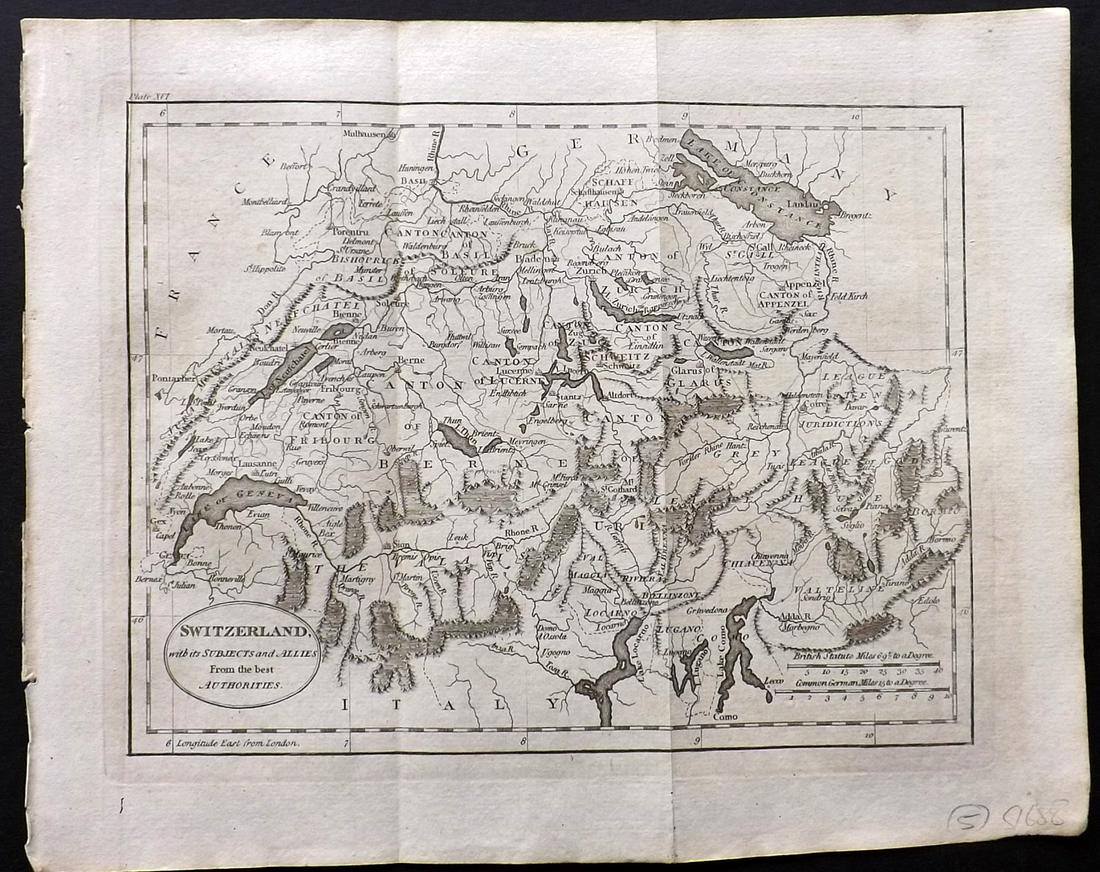 Guthrie, William 1806 Map. Switzerland: Copper Engraved Map Published 1806, London for "A New Geographical, Historical and Commercial Grammar..." by William Guthrie. The maps are by John Senex, Thomas Kitchin and others. Folds as issued. Pa