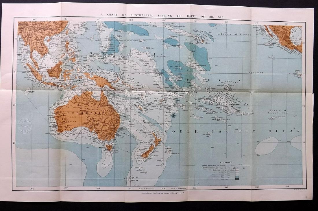 Stanford (Pub) 1894 Map of Australasia Australia: "A Chart of Australasia Shewing the Depth of the Sea" Lithograph Maps Published 1894 by Edward Stanford, London for "Stanford's Compendium of Geography and Travel. Australasia. Malaysia and the Pacifi