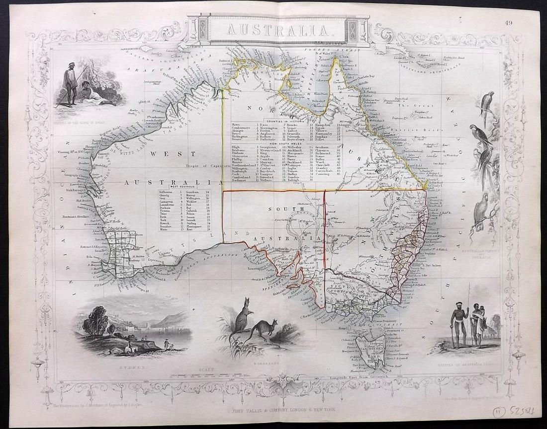 Tallis, John (Pub) 1852 Map. Australia: Steel Engraved Map with Original Outline Hand Color Published 1852-56 by John Tallis, London for "The Universal Pronouncing Dictionary" by Thomas Wright. Drawn & Engraved by John Rapkin. Centre fold a