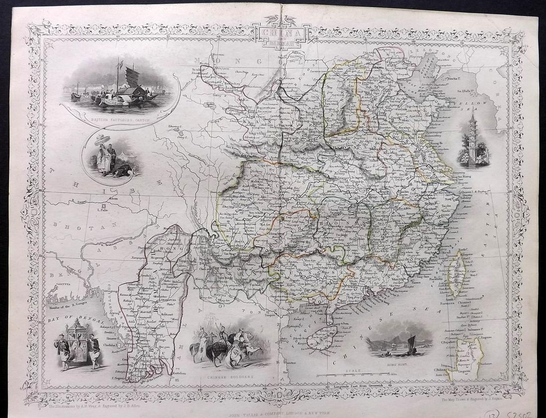 Tallis, John (Pub) 1852 Map. China and Birmah. Burma: Steel Engraved Map with Original Outline Hand Color Published 1852-56 by John Tallis, London for "The Universal Pronouncing Dictionary" by Thomas Wright. Drawn & Engraved by John Rapkin. Centre fold a