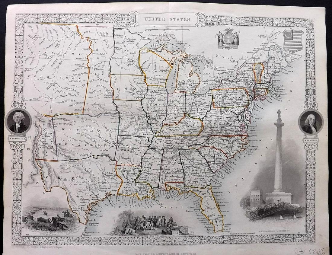 Tallis, John (Pub) 1852 Map. United States: Steel Engraved Map with Original Outline Hand Color Published 1852-56 by John Tallis, London for "The Universal Pronouncing Dictionary" by Thomas Wright. Drawn & Engraved by John Rapkin. Centre fold a