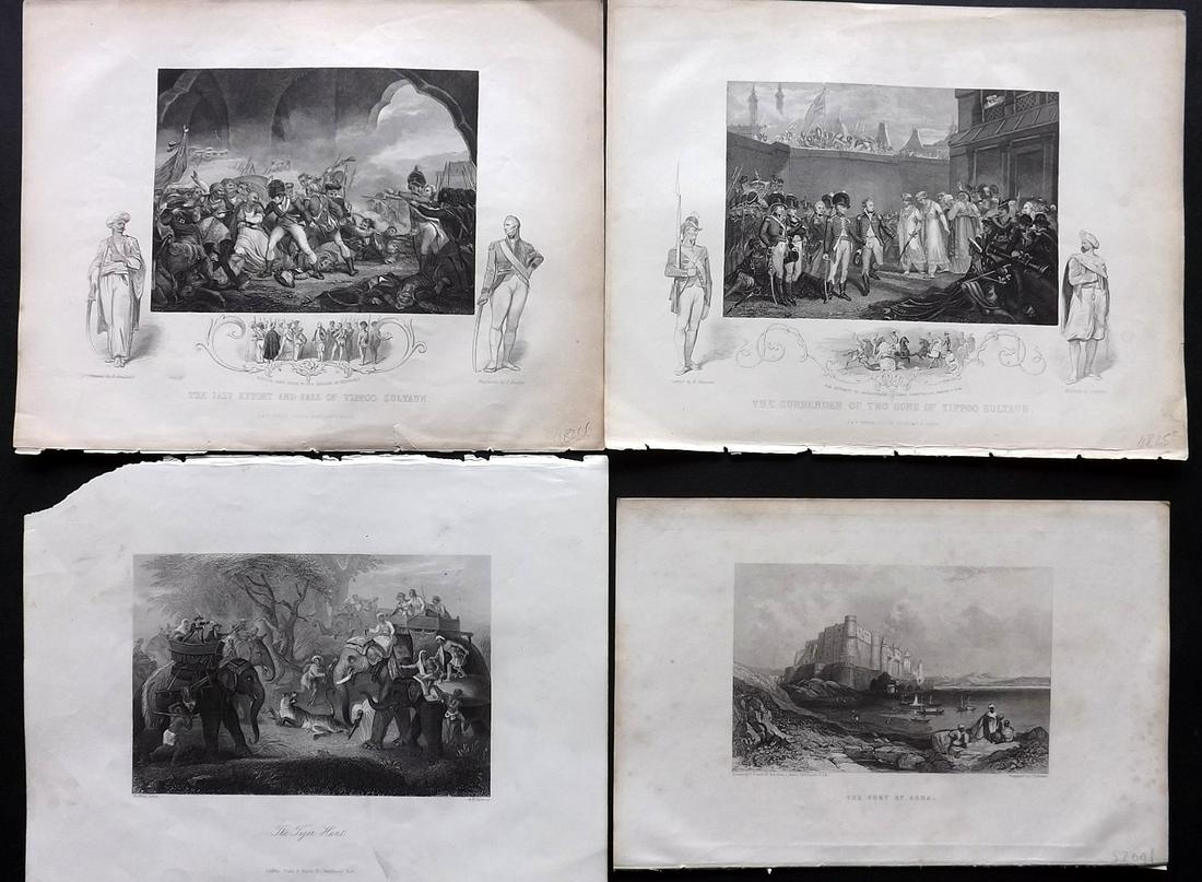 India 1845-85 Lot of 4 Steel Engravings: Incl 2 Military Prints of the Tippoo Sultan by Gaspey, Fort of Agra Published by Jack and Tiger Hunt by Payne. Paper Size: Up to 10.5 x 8 inch (27 x 21cm) Corner chip on one. Very minor margin toning.