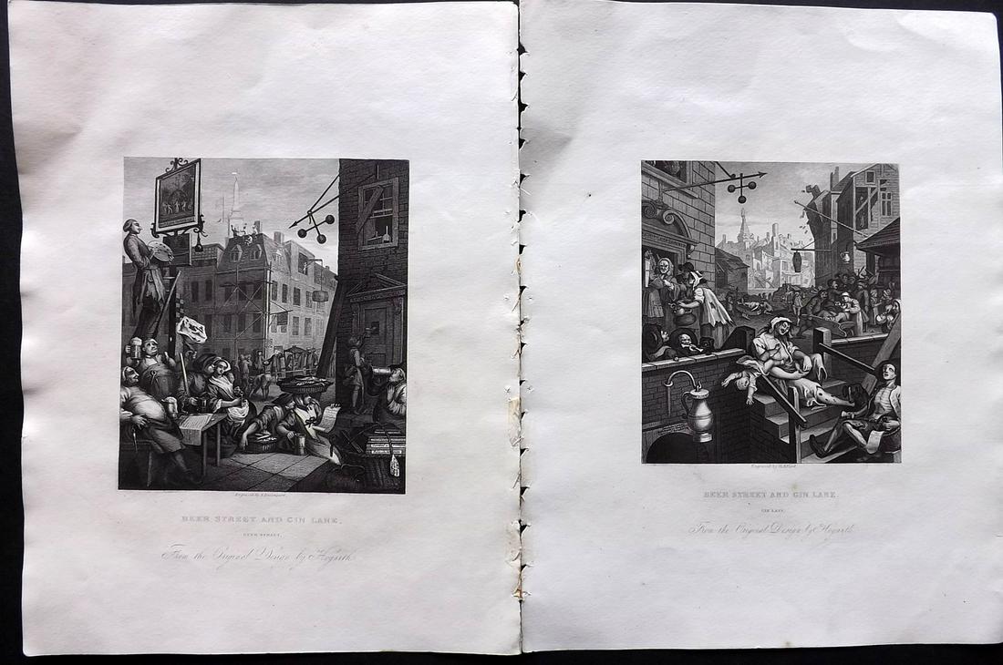 Hogarth, William C1870 Set of 2 Prints. Beer Street: Beer Street and Gin Lane, Hogrth's most popular images. Steel Engravings Published C1870, London for "The Complete Works of William Hogarth" by James Hannay, Rev. Trusler and E. F. Roberts. Paper Size