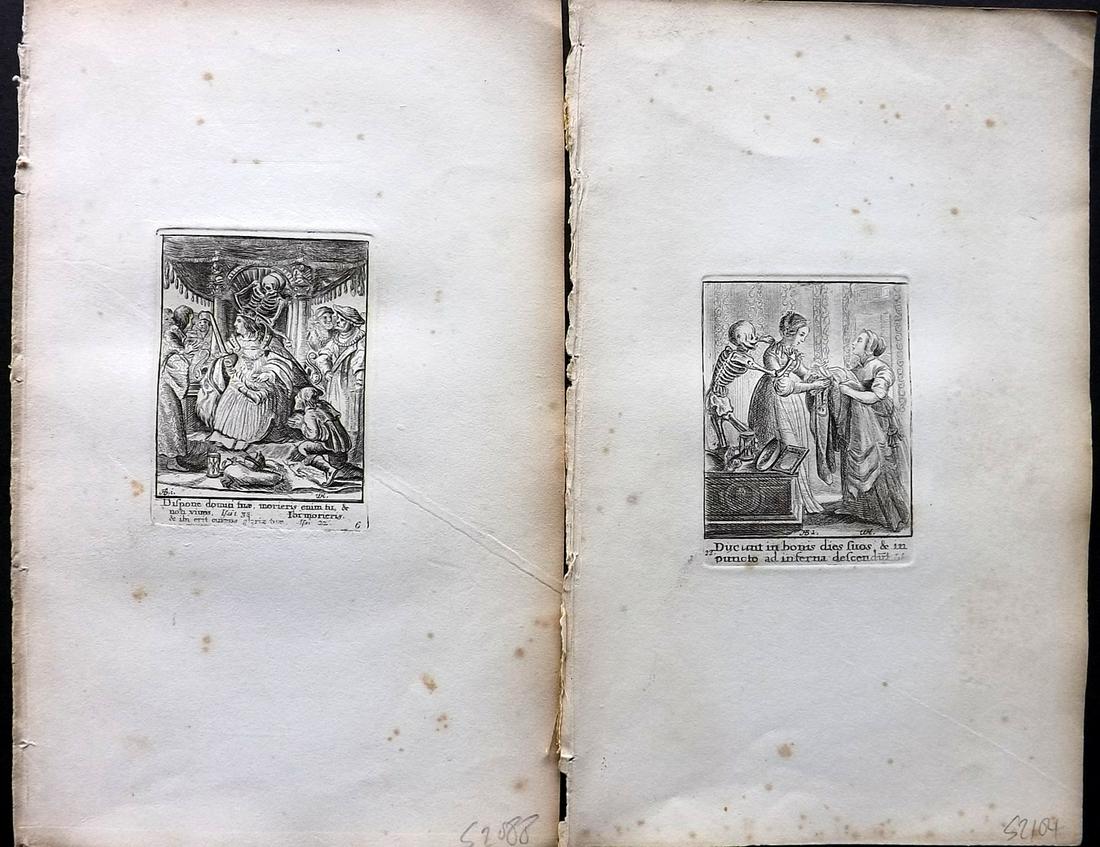 Hollar & Holbein - Dance of Death 1816 Pair of Prints: Copper Plates Published 1816, London for "The Dance of Death; From the Original Designs by Hans Holbein" Engraved by Wenceslaus Hollar. Paper Size: 8.5 x 5.5 inch (22 x 14cm) Some tone spotting in mar