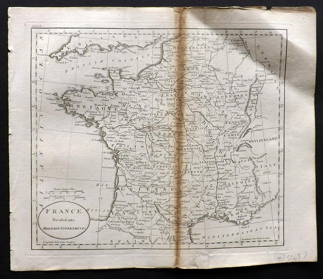 Guthrie, William 1806 Map. France divided into Mil. Gov: Copper Engraved Map Published 1806, London for "A New Geographical, Historical and Commercial Grammar..." by William Guthrie. The maps are by John Senex, Thomas Kitchin and others. Folds as issued. Pa